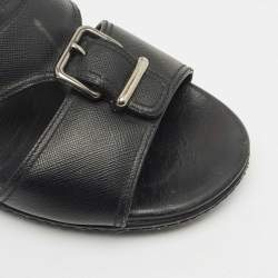 Pre Owned Prada Black Saffiano Leather Buckle Slide Flat Sandals Size 41