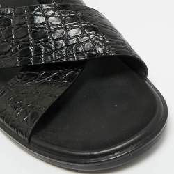 Pre Owned Prada Black Croc Embossed Leather Crisscross Flat Sandals Size 44