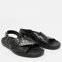 Pre Owned Prada Black Croc Embossed Leather Crisscross Flat Sandals Size 44