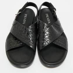 Pre Owned Prada Black Croc Embossed Leather Crisscross Flat Sandals Size 44