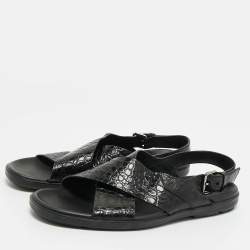 Pre Owned Prada Black Croc Embossed Leather Crisscross Flat Sandals Size 44