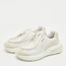 Pre Owned Prada White Fabric and Leather Systeme Lace Up Sneakers Size 41