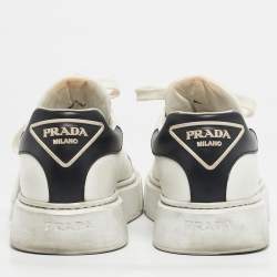 Pre Owned Prada White/Black Leather Macro Low Top Sneakers Size 41.5
