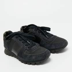 Pre Owned Prada Black/Navy Blue Canvas and Leather Match Racer Lace Up Sneakers Size 39.5