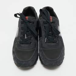 Pre Owned Prada Black/Navy Blue Canvas and Leather Match Racer Lace Up Sneakers Size 39.5