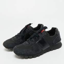 Pre Owned Prada Black/Navy Blue Canvas and Leather Match Racer Lace Up Sneakers Size 39.5