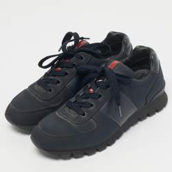 Pre Owned Prada Blue/Black Canvas and Leather Lace Up Sneakers Size 39.5