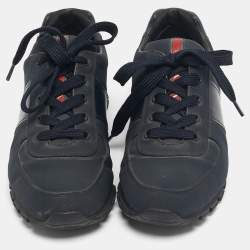 Pre Owned Prada Blue/Black Canvas and Leather Lace Up Sneakers Size 39.5