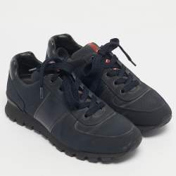 Pre Owned Prada Blue/Black Canvas and Leather Lace Up Sneakers Size 39.5
