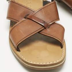 Pre Owned Prada Brown Leather Slingback Flat Sandals Size 41.5