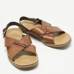 Pre Owned Prada Brown Leather Slingback Flat Sandals Size 41.5