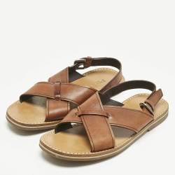 Pre Owned Prada Brown Leather Slingback Flat Sandals Size 41.5
