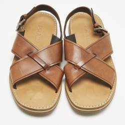 Pre Owned Prada Brown Leather Slingback Flat Sandals Size 41.5