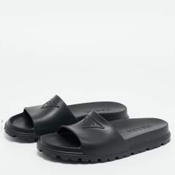 Pre Owned Prada Black Rubber Flat Pool Slide Size 45