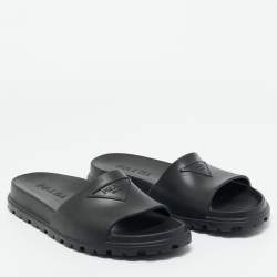 Pre Owned Prada Black Rubber Flat Pool Slide Size 45