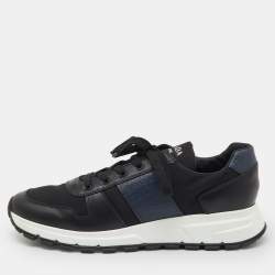 مملوكة مسبقًا Prada Black/Navy Blue Leather and Nylon Lace Up Sneakers Size 44
