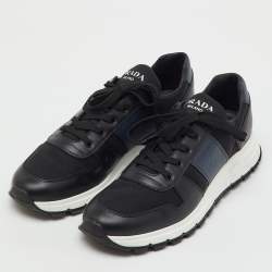 Pre Owned Prada Black/Navy Blue Leather and Nylon Lace Up Sneakers Size 44