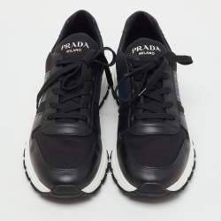 Pre Owned Prada Black/Navy Blue Leather and Nylon Lace Up Sneakers Size 44