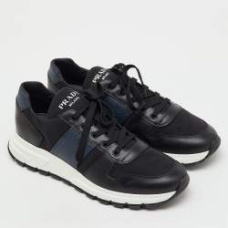 Pre Owned Prada Black/Navy Blue Leather and Nylon Lace Up Sneakers Size 44