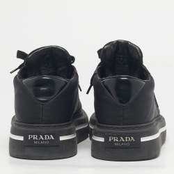 Pre Owned Prada Black Leather And Nylon Deri Erkek Lace Up Sneakers Size 40.5