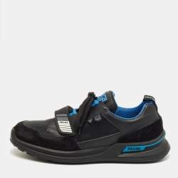 Pre Owned Prada Black/Blue Leather, Suede and Mesh Mechano Sneakers Size 45
