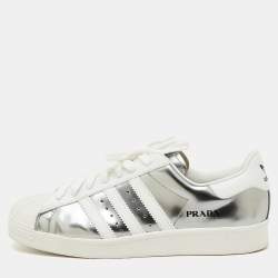 Pre Owned Prada x Adidas Silver/White Leather Superstar Low Top Sneakers Size 43 1/3