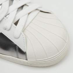 Pre Owned Prada x Adidas Silver/White Leather Superstar Low Top Sneakers Size 43 1/3
