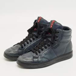 Pre Owned Prada Navy Blue Leather High Top Sneakers Size 42