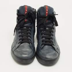 Pre Owned Prada Navy Blue Leather High Top Sneakers Size 42