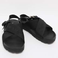 Pre Owned Prada Black Balistic Nylon Cross Strap Slide Sandals Size 44