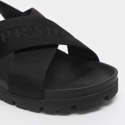 Pre Owned Prada Black Balistic Nylon Cross Strap Slide Sandals Size 44