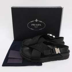 Pre Owned Prada Black Balistic Nylon Cross Strap Slide Sandals Size 44
