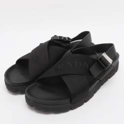 Pre Owned Prada Black Balistic Nylon Cross Strap Slide Sandals Size 44