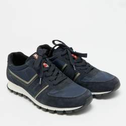 Pre Owned Prada Matchrace Size 44 Navy Blue Nylon and Suede Lace Up Sneakers
