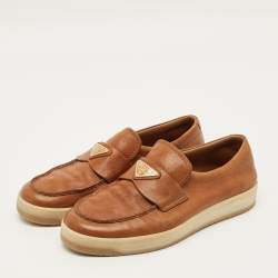Pre Owned Prada Size 40.5 Brown Leather Logo Slip On Sneakers
