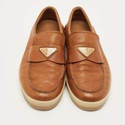 Pre Owned Prada Size 40.5 Brown Leather Logo Slip On Sneakers