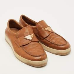 Pre Owned Prada Size 40.5 Brown Leather Logo Slip On Sneakers