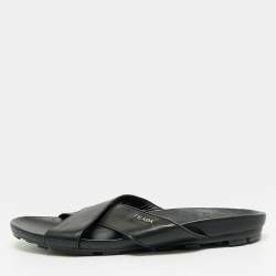 مملوكة مسبقًا Prada  Size 43.5 Black Leather Crisscross Flat Slides