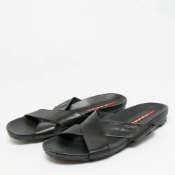 مملوكة مسبقًا Prada  Size 43.5 Black Leather Crisscross Flat Slides