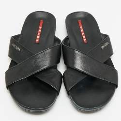 مملوكة مسبقًا Prada  Size 43.5 Black Leather Crisscross Flat Slides