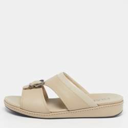 Pre Owned Prada Size 44.5 Cream Leather Double Strap Flat Sandals