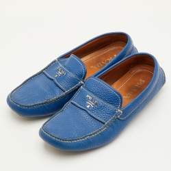 Pre Owned Prada Size 41 Blue Leather Logo Slip On Loafers