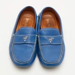 Pre Owned Prada Size 41 Blue Leather Logo Slip On Loafers