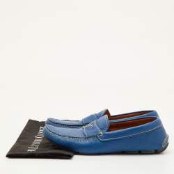 Pre Owned Prada Size 41 Blue Leather Logo Slip On Loafers