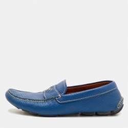 Pre Owned Prada Size 41 Blue Leather Logo Slip On Loafers