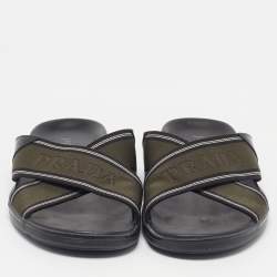 Pre Owned Prada Size43.5 Green/Black Canvas and Leather Logo Tape Crisscross Flat Slide