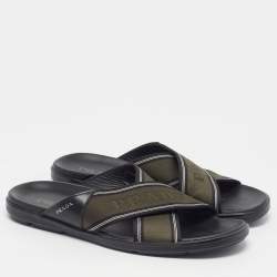 Pre Owned Prada Size43.5 Green/Black Canvas and Leather Logo Tape Crisscross Flat Slide