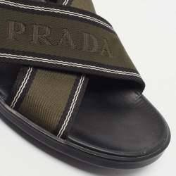 Pre Owned Prada Size43.5 Green/Black Canvas and Leather Logo Tape Crisscross Flat Slide