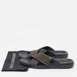 Pre Owned Prada Size43.5 Green/Black Canvas and Leather Logo Tape Crisscross Flat Slide