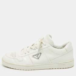 Pre Owned Prada Size 45 White Leather Triangle Logo Plague Lace Up Sneakers